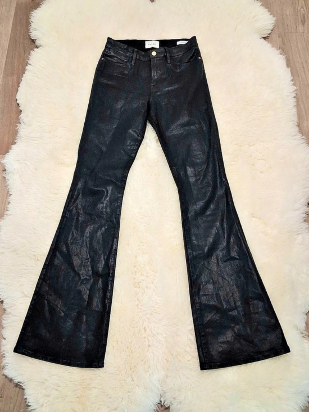 FRAME Le High Flare Coated Flare Jeans in Black Waist 29